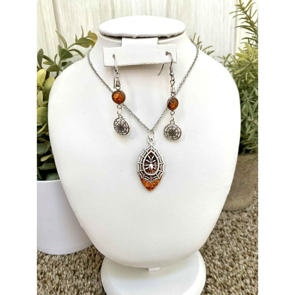Handmade Gothic Spider Web Jewelry Set – Silver Tone with Orange Glitter Accents - Picture 2 of 5